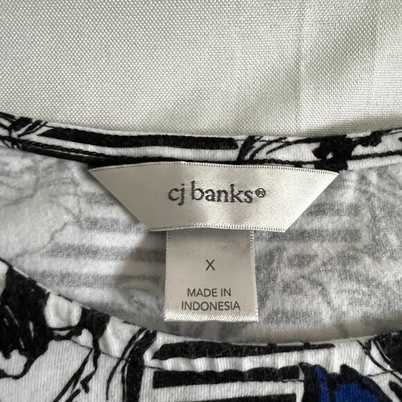 CJ Banks Womens Floral & Stripe Print Long Sleeve Top X Black/White/Blue - Picture 2 of 3
